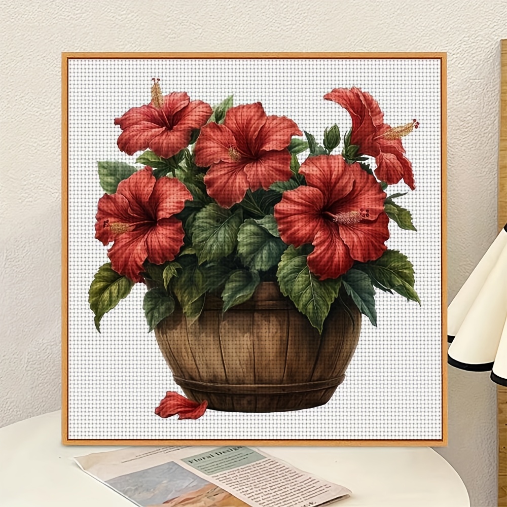 11CT Frameless DIY Cross Stitch Kit, Red Hibiscus Flowers Pattern