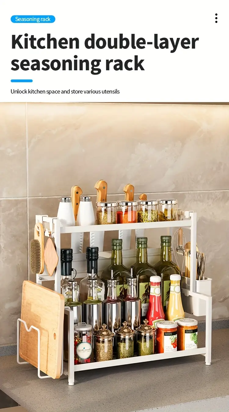 2 tier carbon steel spice rack organizer with utensil holder cutting board storage white metal kitchen countertop organizer for spices knives and cutting tools spices organizers and storage Product details 0