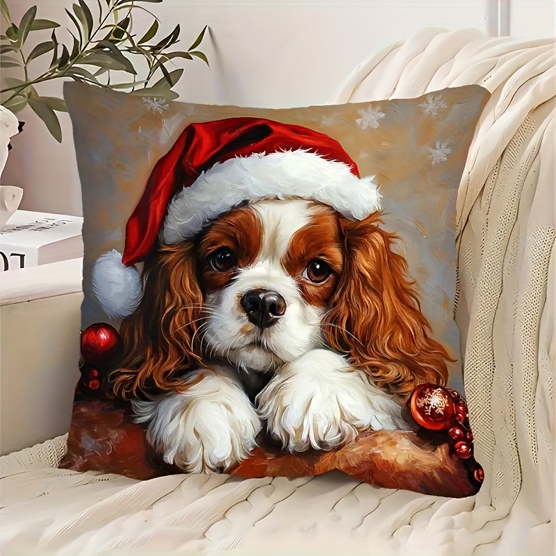 TEMU 1pc King Charles Spaniel Christmas Pillowcase, 17.72x17.72 Inches, Soft Polyester Velvet Cushion Cover With Zipper Closure, Featuring A Puppy