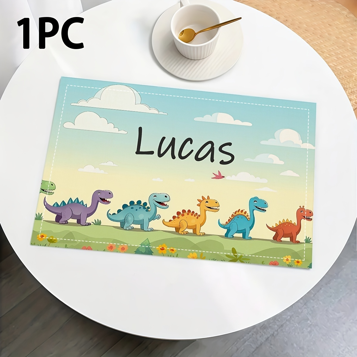 TEMU Customizable Name Cartoon Colorful Dinosaur Pattern Placemats Available In Sets Of 1, 2, 4, Or 6. Descriptions Of Style/pattern, Washable