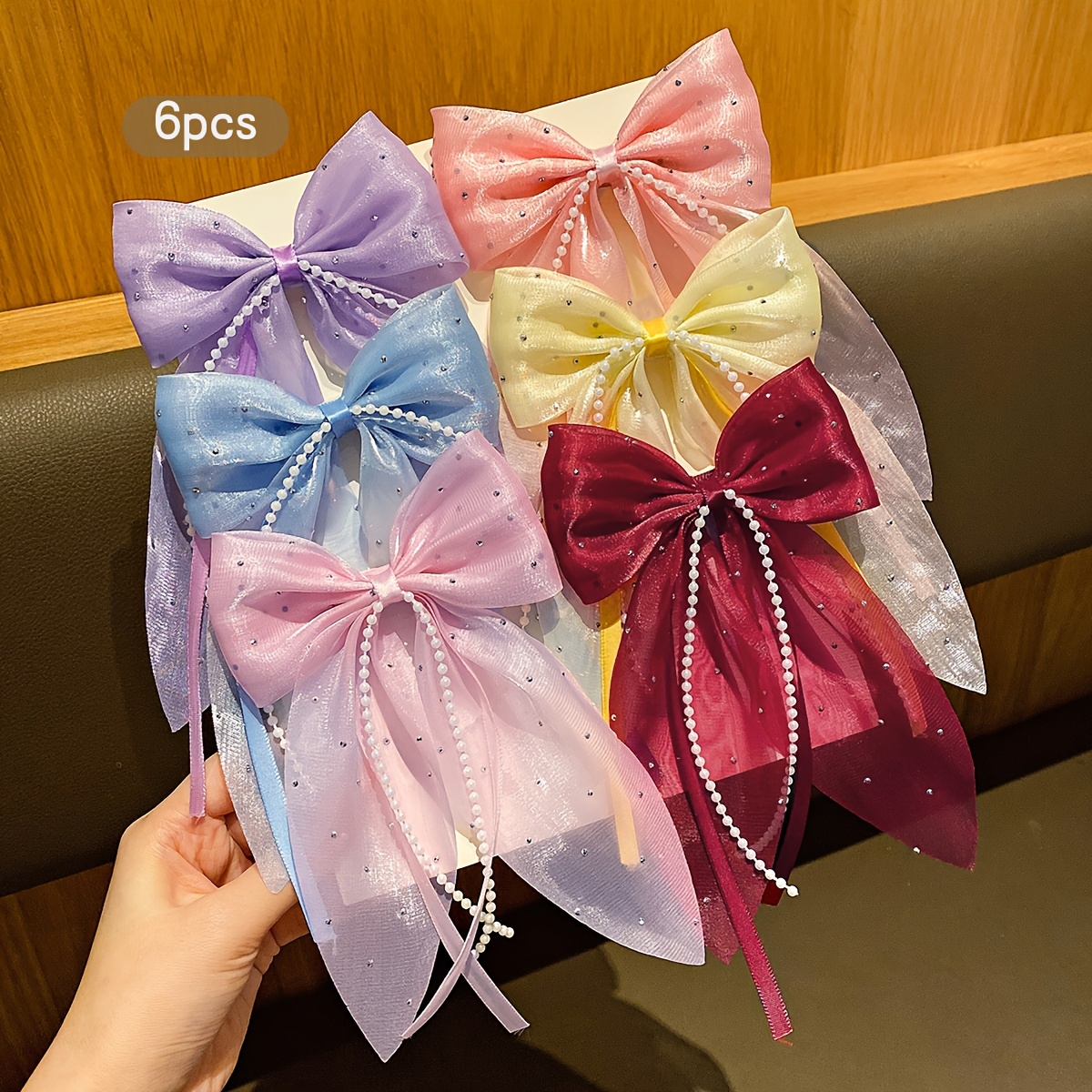 

6-pack Solid Color Knit Fabric Bow Hair Clips, Fashionable Polyester Hair Accessories For Teens, Daily & Casual Use