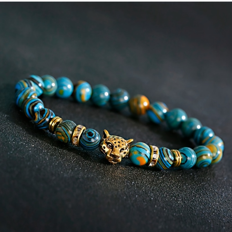 TEMU Fashionable And Leopard-print Malachite Beaded Bracelet For Women And Men, A Stretchable Bracelet Gift