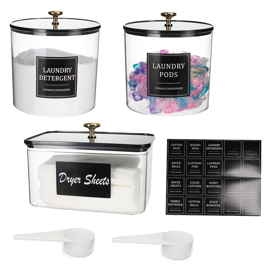 2/3 Pack Laundry Pods Container, Clear Laundry Room Organization Storage Box,large Acrylic Detergent Powder Storage Containers Black Lids & Labels, Dryer Sheet Holder