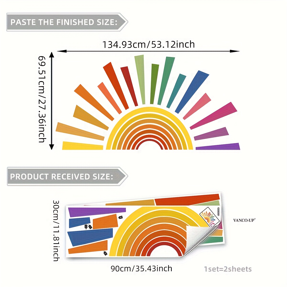 A Set (30*90cm*2pcs) Rainbow Sun Flat Wall Sticker Home Decoration Self-adhesive Wall Sticker Bm7561