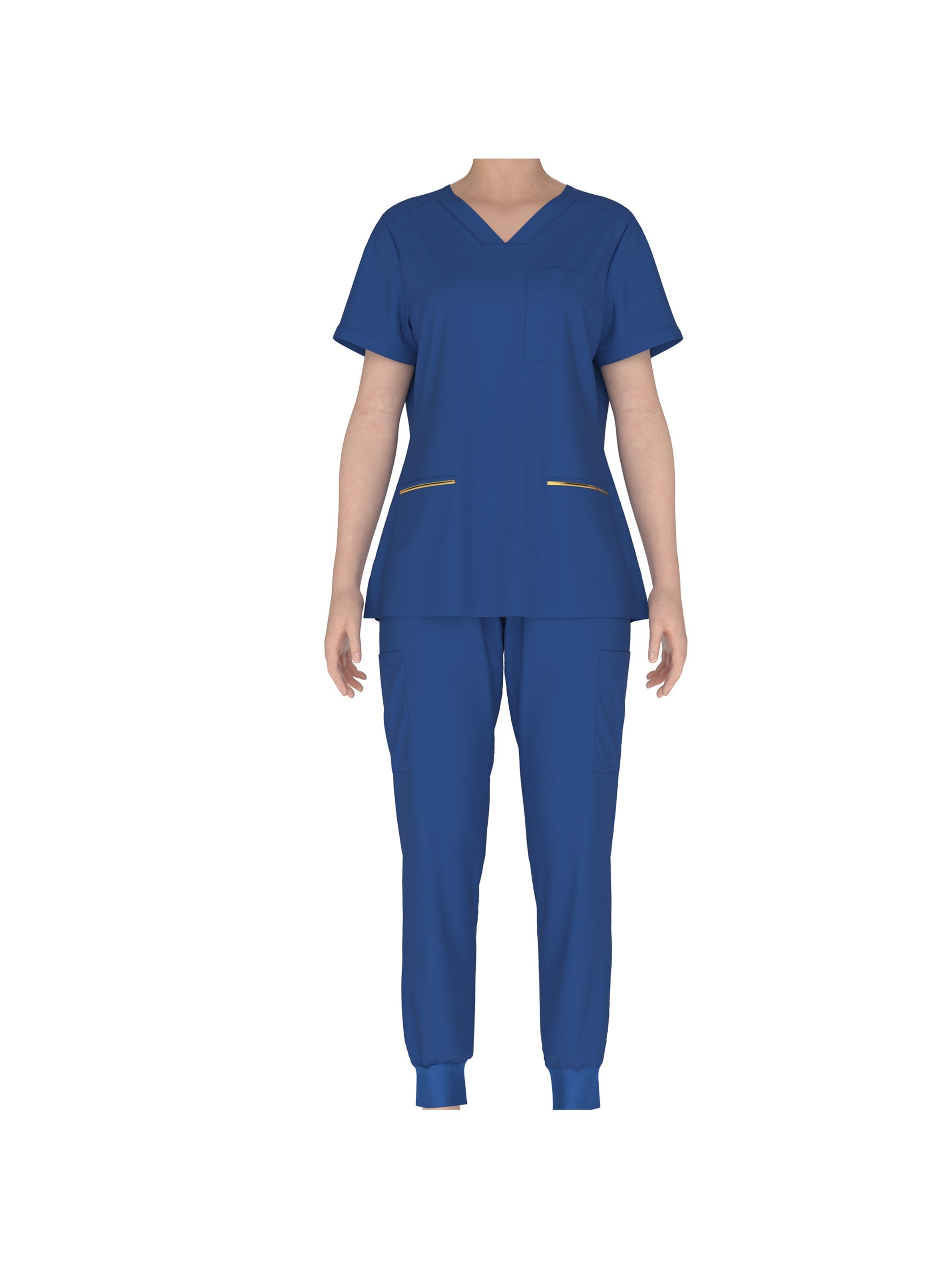 Professional Scrub Set | Stretch Fabric V-Neck Short-Sleeve Top With Golden Trim, Jogger Cargo Pants With Multi-Pocket Design, Comfortable And Breathable.