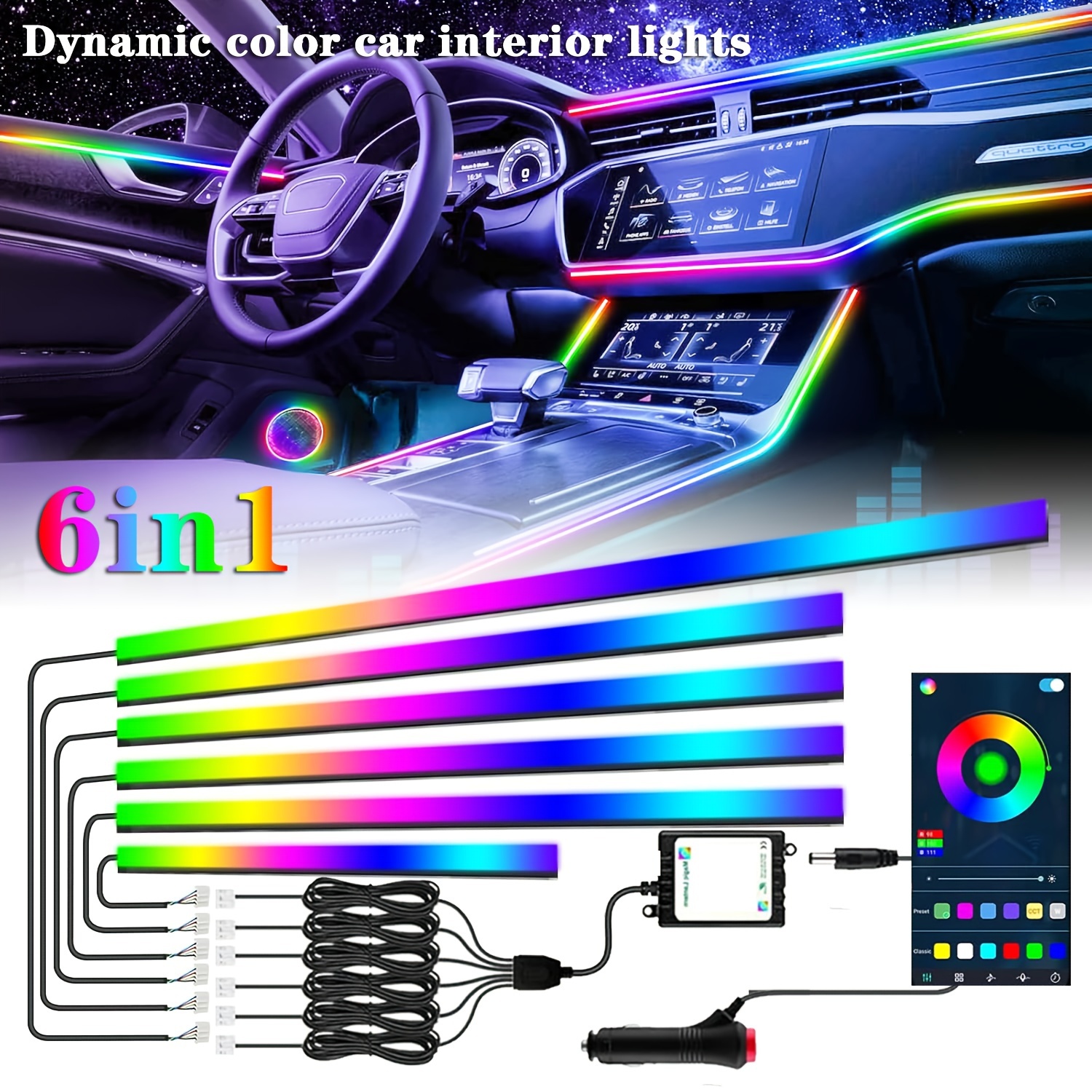 

1pc App-controlled Led Car Interior Light Strip, Neon Ambient Lighting Kit, High Acrylic , 12v Plug-in For Off-road & Night Driving , No Battery Required