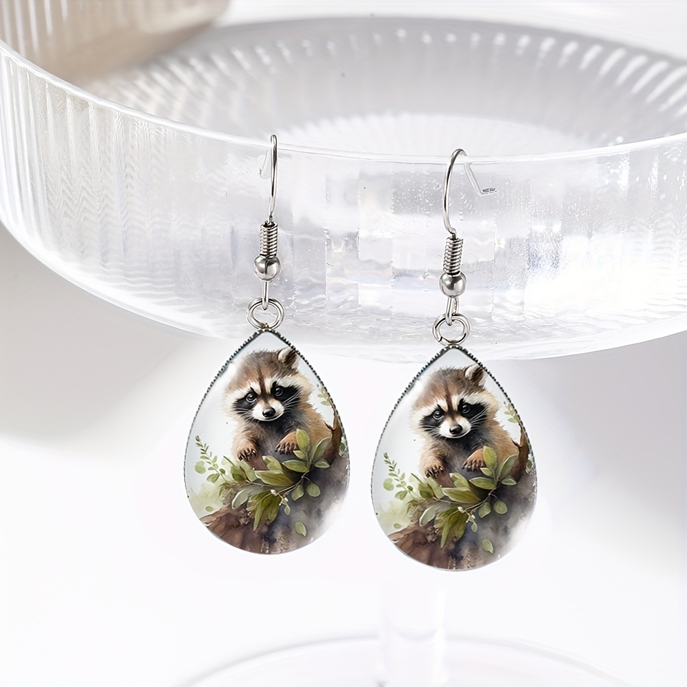 TEMU 1 Pair Raccoon Behind A Tree Branch Tear Drop Earring Handmade Glass Dome Dangle Earrings Party Jewelry
