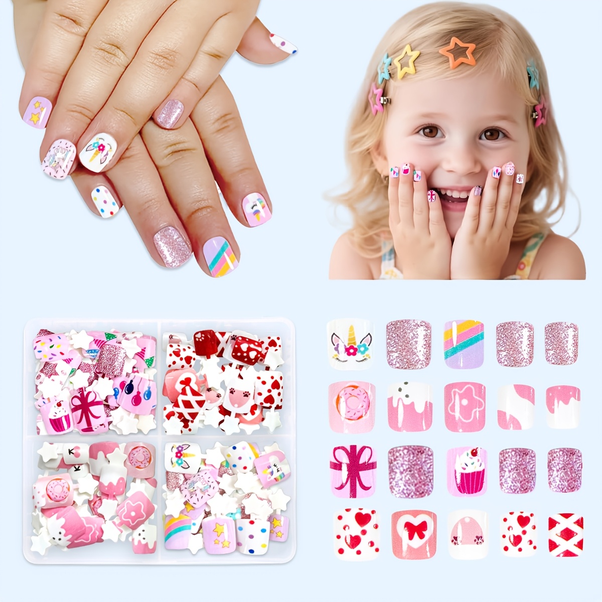 gift 96pcs box 3 12 year old wea ble nails   nails colorful unicorn  ow glitter powder love   colorful   cartoon   nails pink short nails short cute design nails