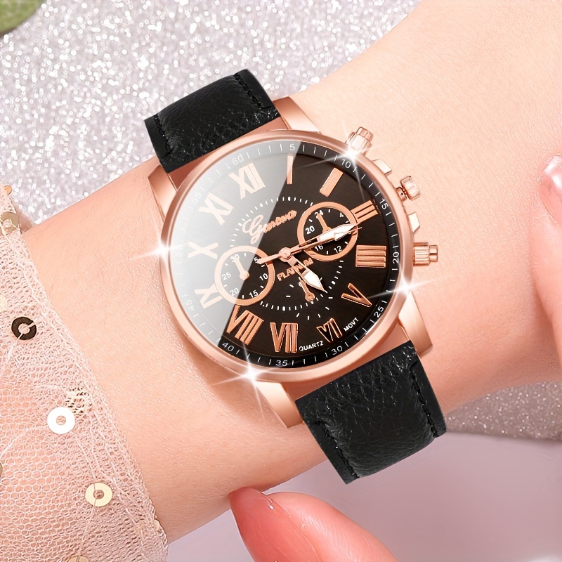 5pcs womens casual quartz wrist watches set with round zinc alloy case pu leather band and electronic pointer display battery powered fashion timepieces details 3