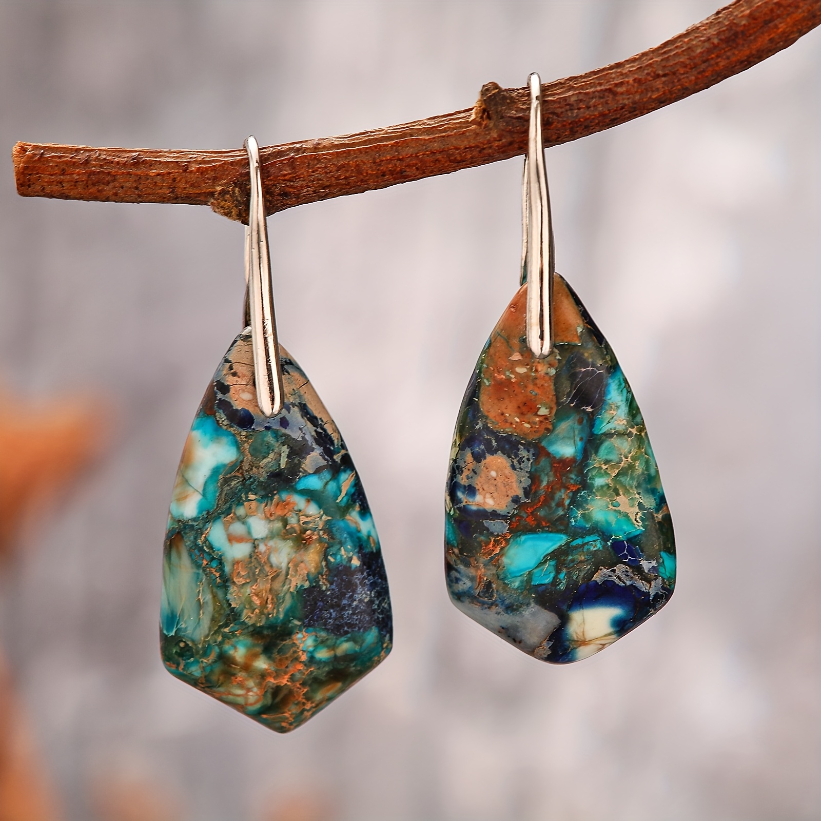 Women's Elegant Bohemian Pendant Earrings, Natural Imperial Stone