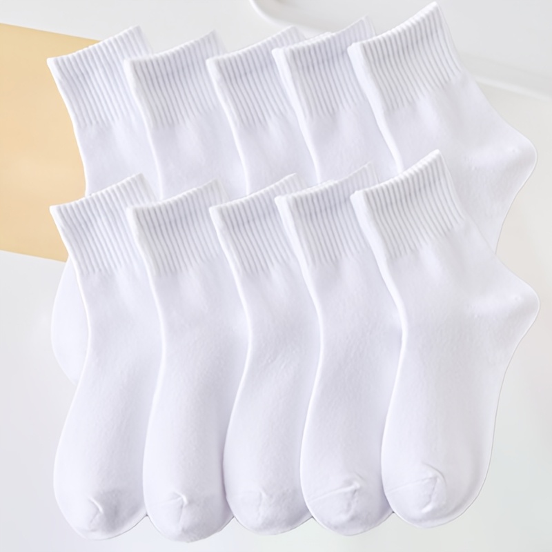 

10 Pairs White Crew Socks For Couples - Unisex Polyester Knit Fabric Socks With Stretch Spandex, Solid Color, Fit, Machine Washable