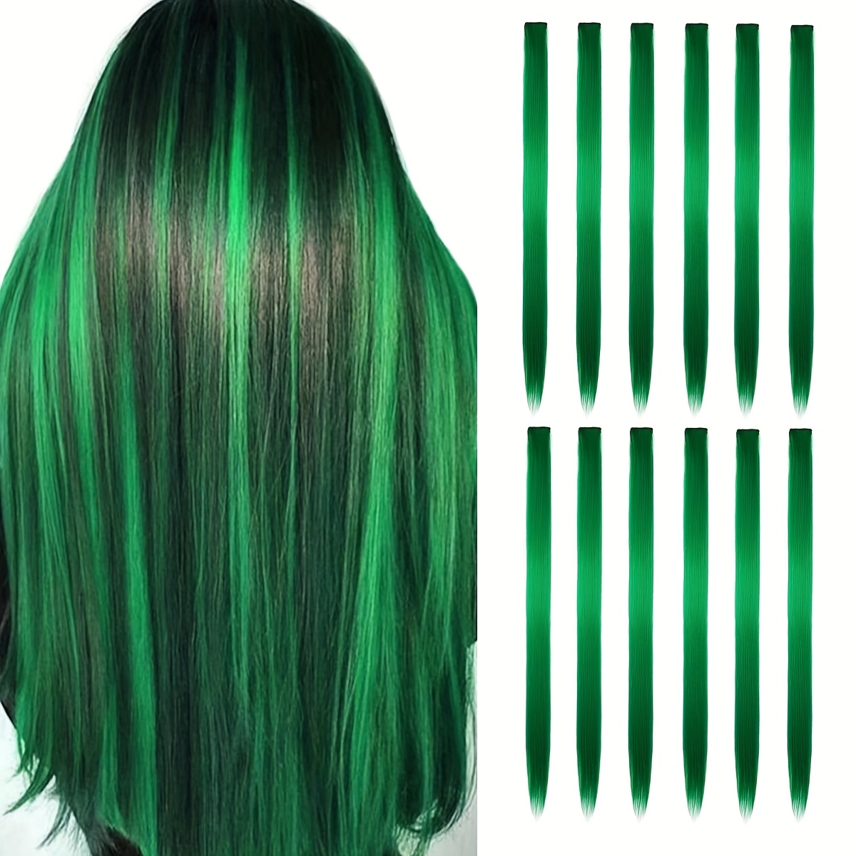 Image of Women's Wig Green Clip In Hair Extensions 20 Inch Emerald Green Straight Cosplay Additions Synthetic Hair Pieces, Daily Vacation, Holiday Gifts, ' Pack Of 12