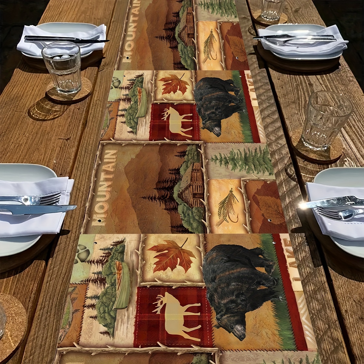 

Rustic Mountain Wilderness Polyester Table Runner - Rectangular Woven Dining Decor With Woodland Animal Print For Kitchen, Festive Holiday Room Decor, Party Accessory, And Gift - Durable & Washable