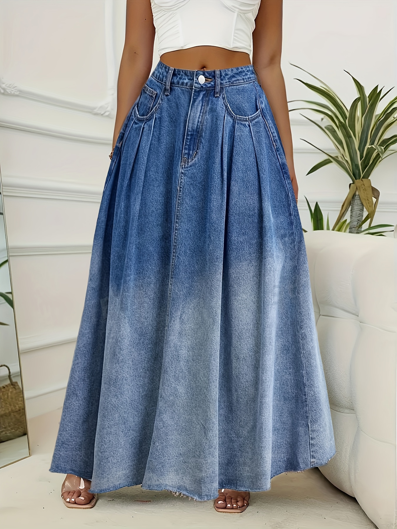 Denim Maxi Skirts Elastic Waist Denim Skirt Plus Size Plus Size