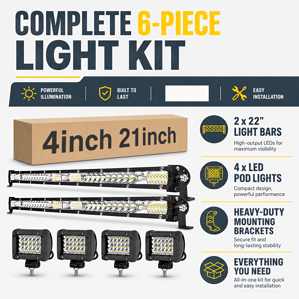 21 Inch Led Light Bar Set, 2pcs Slim Led Work Light Bar + 4pcs 4 Inch Led Pod Lights, 12v 24v Spot Flood Combo Beam Offroad Driving Lights For Truck Suv Atv Utv Boat Pickup