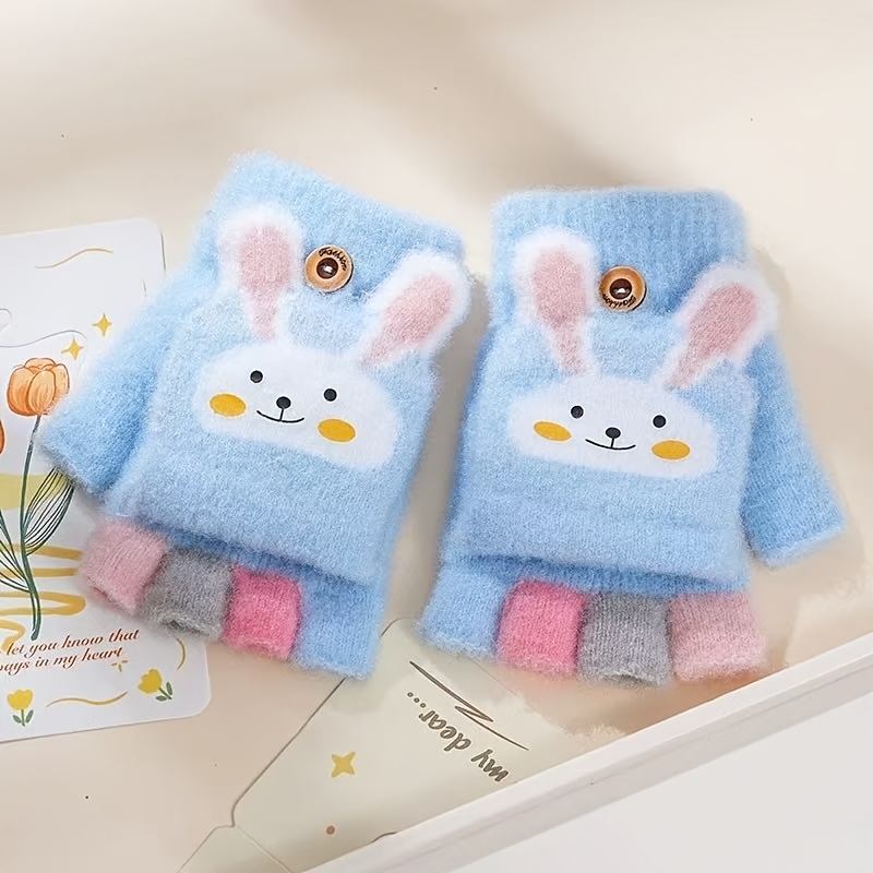 Cozy Winter Gloves For Kids - Thickened, Open-thumb Design With Cute Bunny & Heart Patterns, Warm & Colors, Soft Acrylic Fabric, Hand Washable, Perfect For Outdoor Activities, Winter Gloves