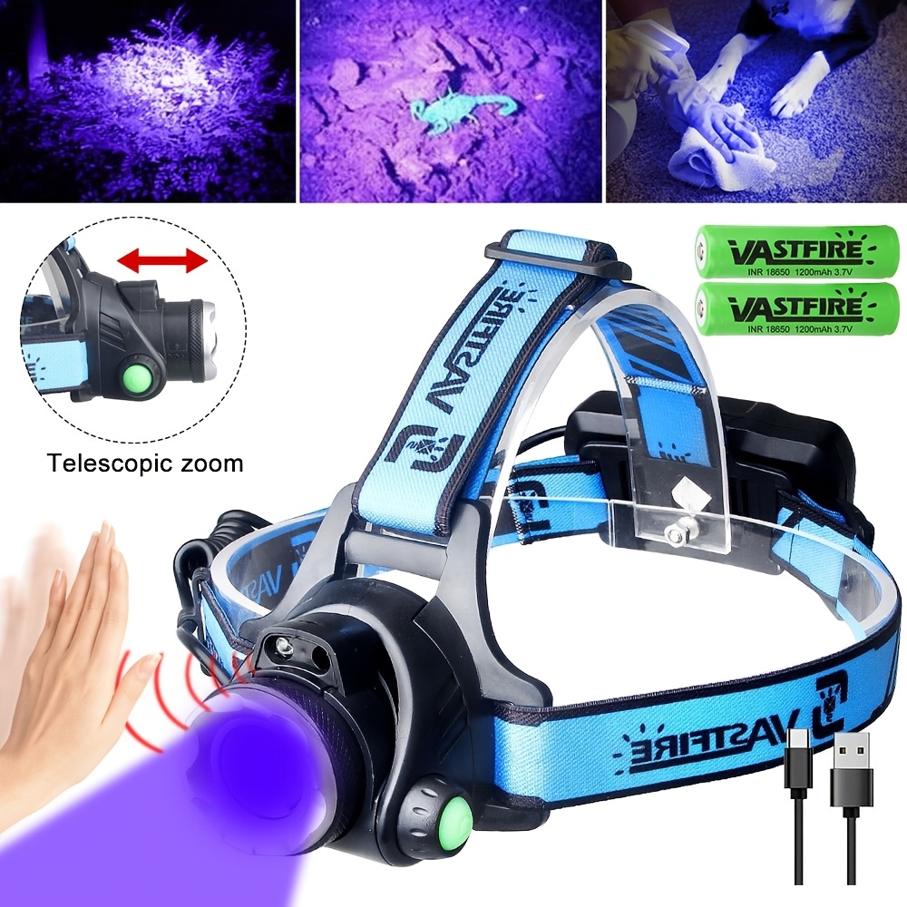 TEMU 1pc Uv Red Green White , Rechargeable Led Headlight With Uv Light For Camping, 395nm Black Light Ultraviolet Flashlight For Detection, Pet Urine