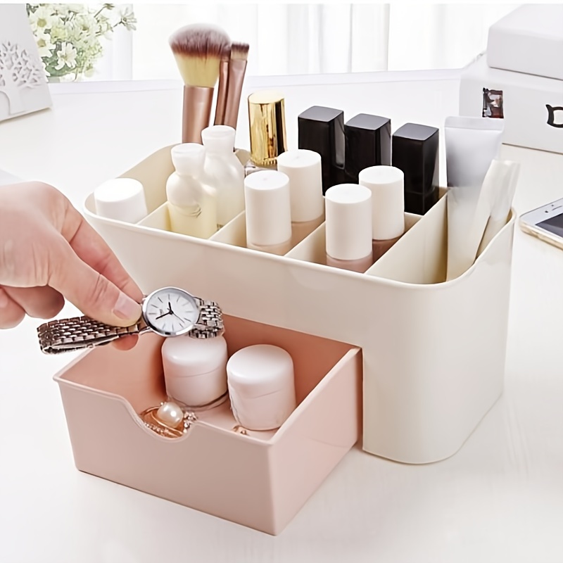 

Dual-tone Cosmetic Organizer Box With Drawers – Lightweight Plastic Makeup And Jewelry Storage For Desk Or Bathroom, & Pink Compartments For Brushes, Eyeshadow Palettes, Lipsticks, And Accessories