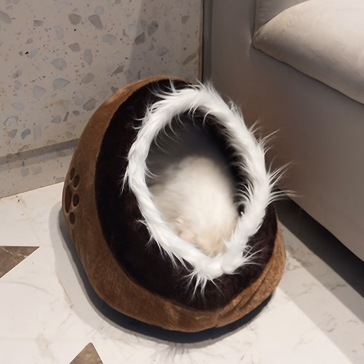 soft plush cave cat bed with fluffy trim entrance warm enclosed pet sleeping nest cozy hideaway shelter for indoor kittens small cats Product details 5
