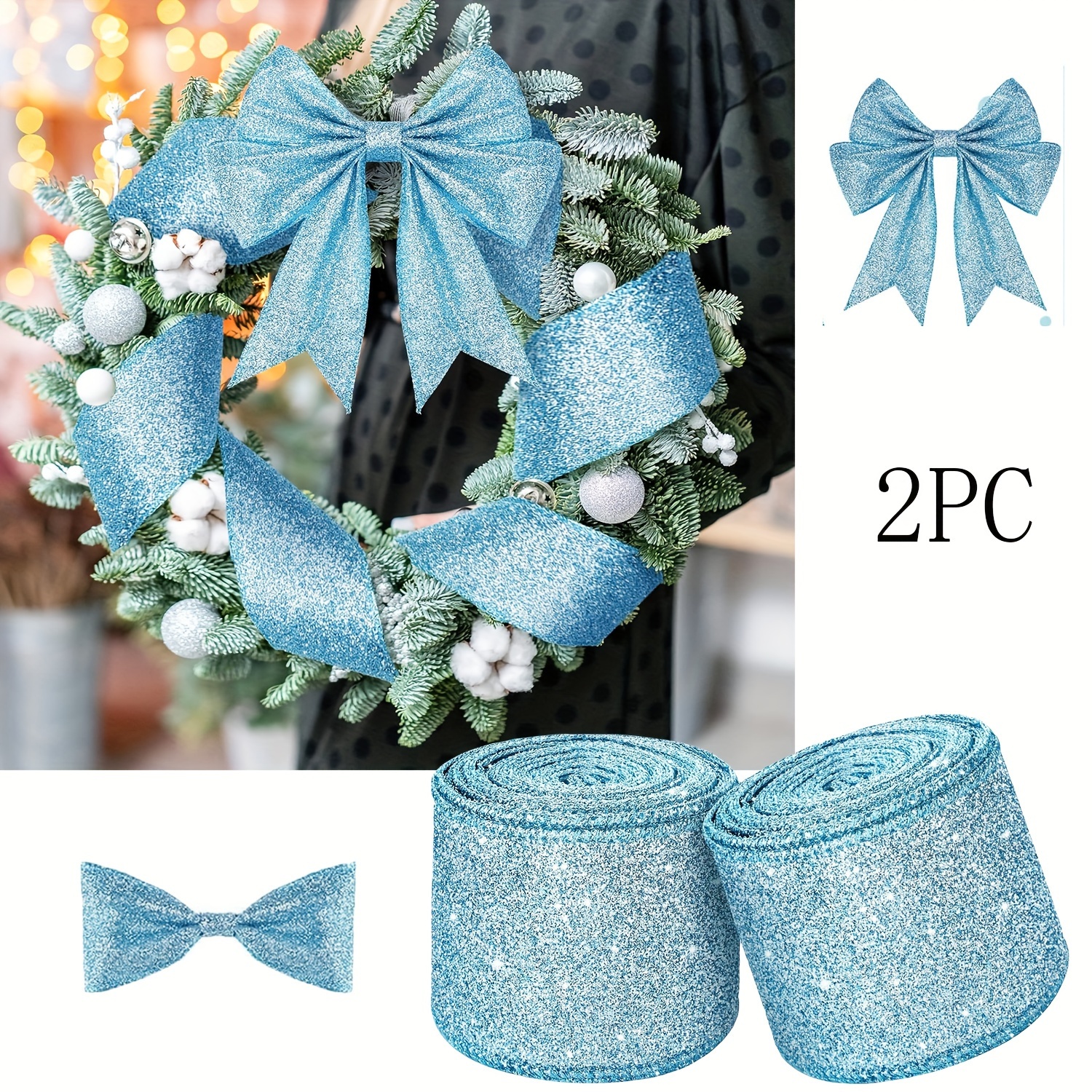 

2-pack Metallic Glitter Ribbon With Wire , , Polyester, Blue Bowknots For Christmas, Home, Kitchen, Party, Wedding, Birthday Diy Crafts, 2.5 Inches Width