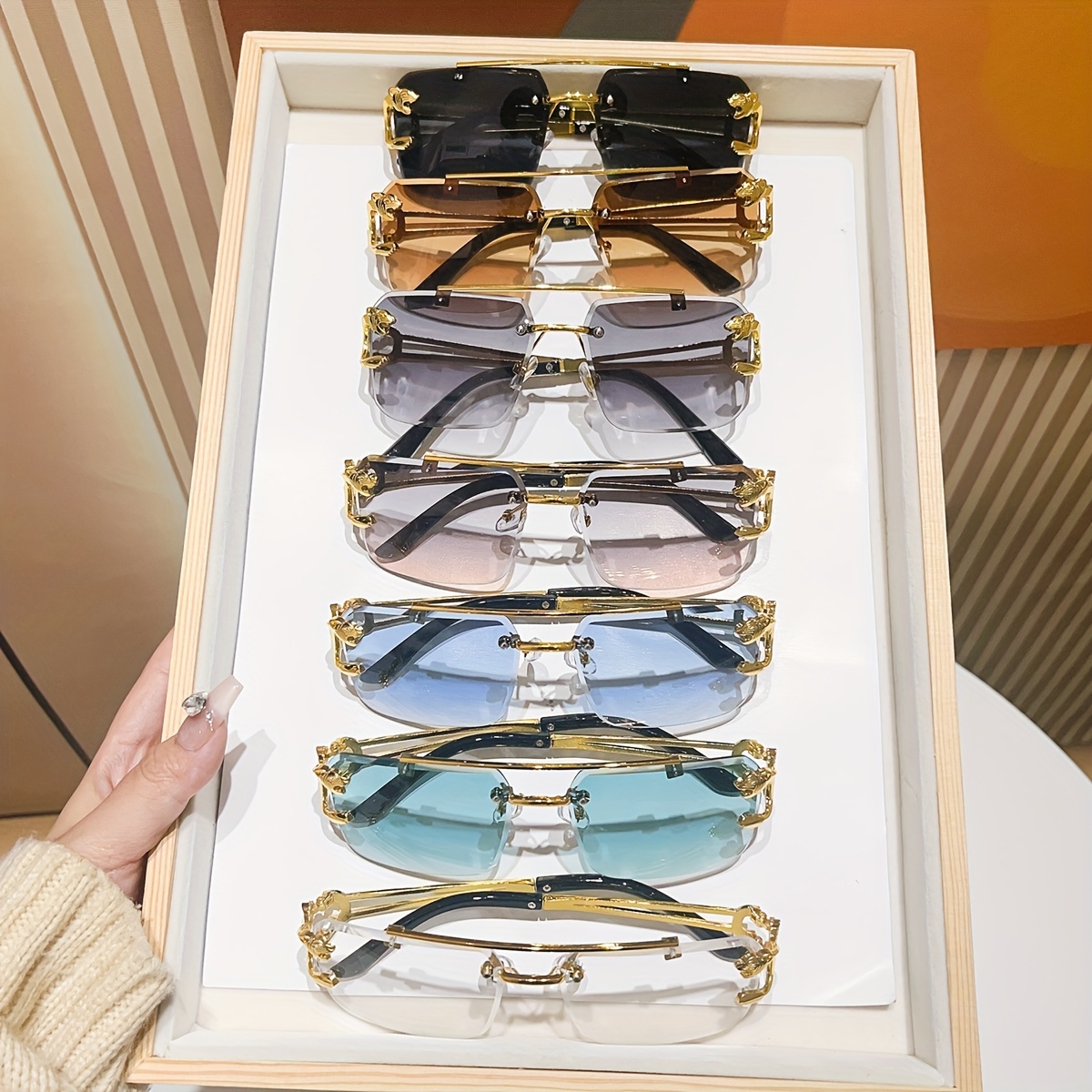 

7 Pairs Of Glasses In Colors, Rectangular Metal Glasses Suitable For Daily Parties, Driving, Travel And Photography