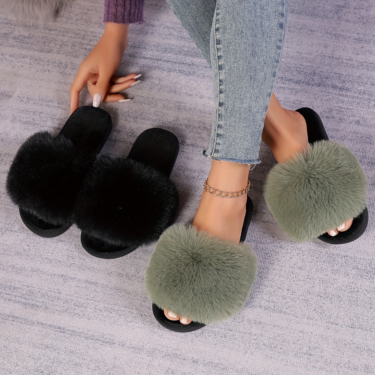 

Women's Fluffy Furry Slippers, Fashionable Peep Toe Plush Shoes, Cozy & Warm Indoor Fuzzy Slippers