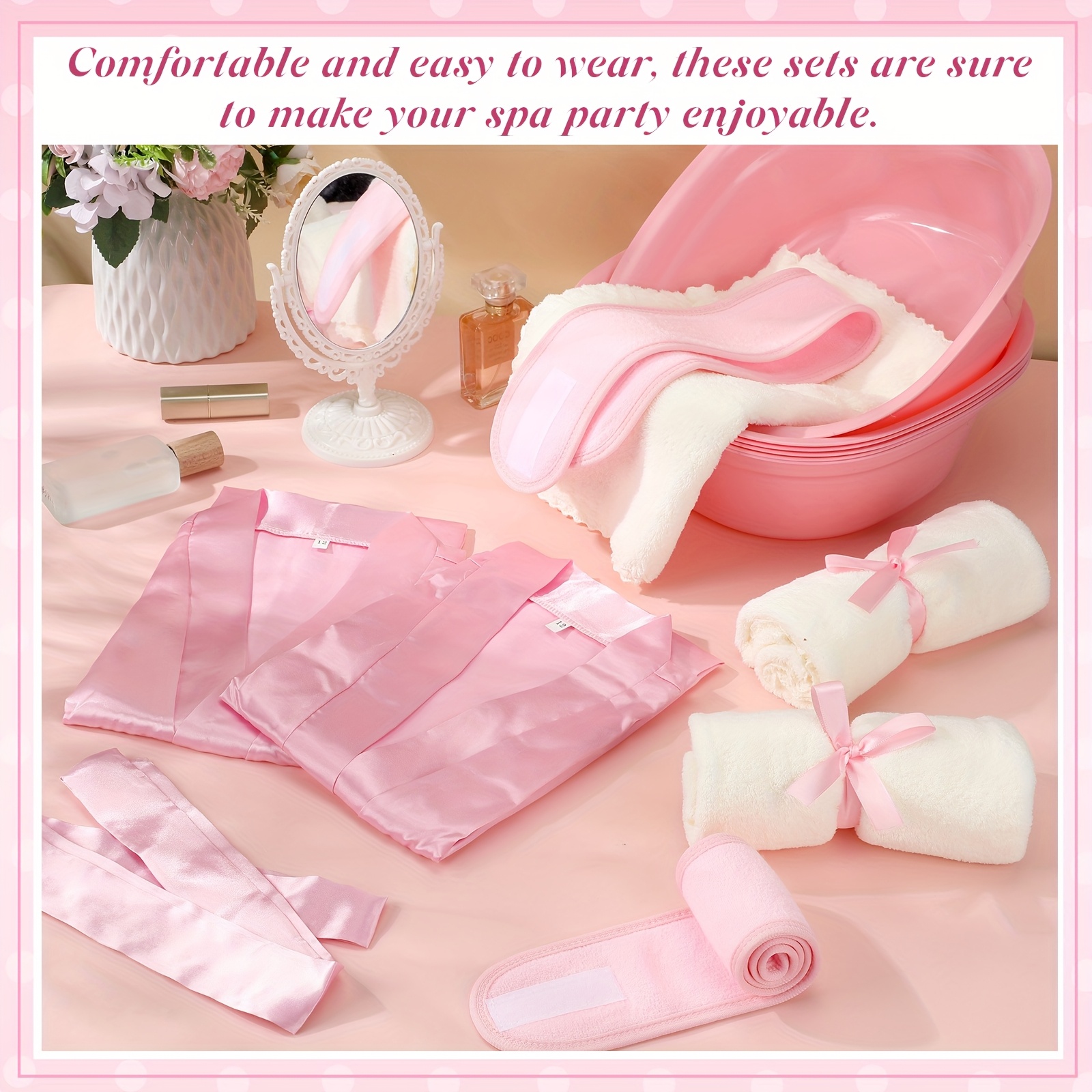 24pcs Spa Party Supplies Includes 6 Spa Party Robes 6 Basins 6 Makeup Headband 6 Towels For Sleepover Bath (Pink)