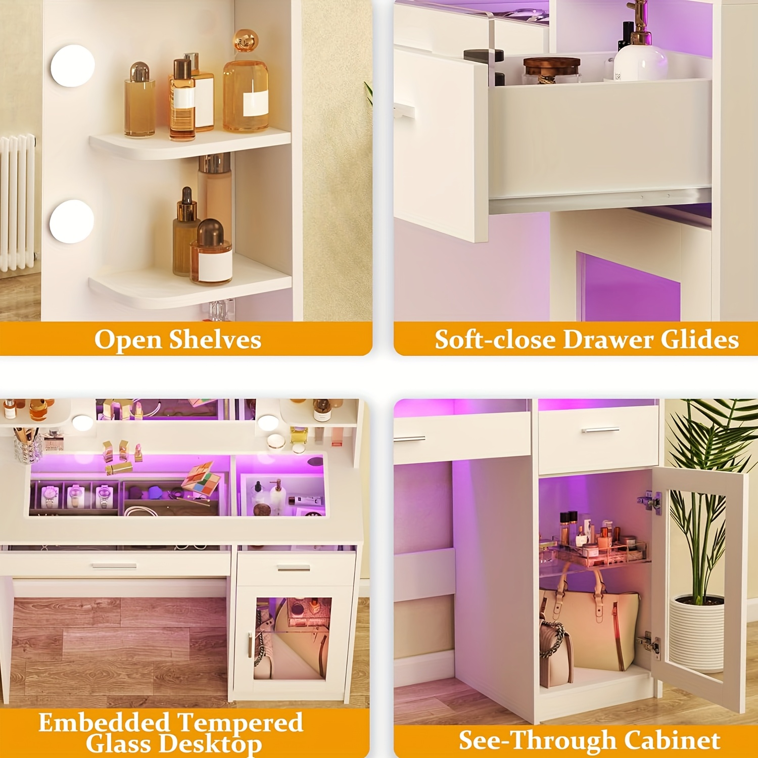 WHONLINE 1pc Vanity Desk with Mirror And Lights, Makeup Vanity Desk with Lights 3 Colors, Bedroom Vanity with Multiple Drawers, And Open Storage Space, Power Outlet, for Bedroom, White, Heavy Duty Dresser, for Halloween And Christmas