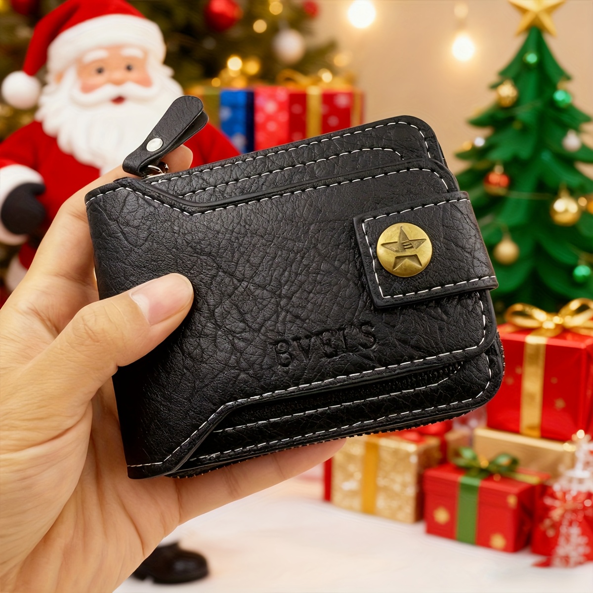 1pc Casual Retro Men's Wallet Short Zipper Wallet Coin Purse Pentagram Copper Design Multifunctional Wallet (christmas Gift)