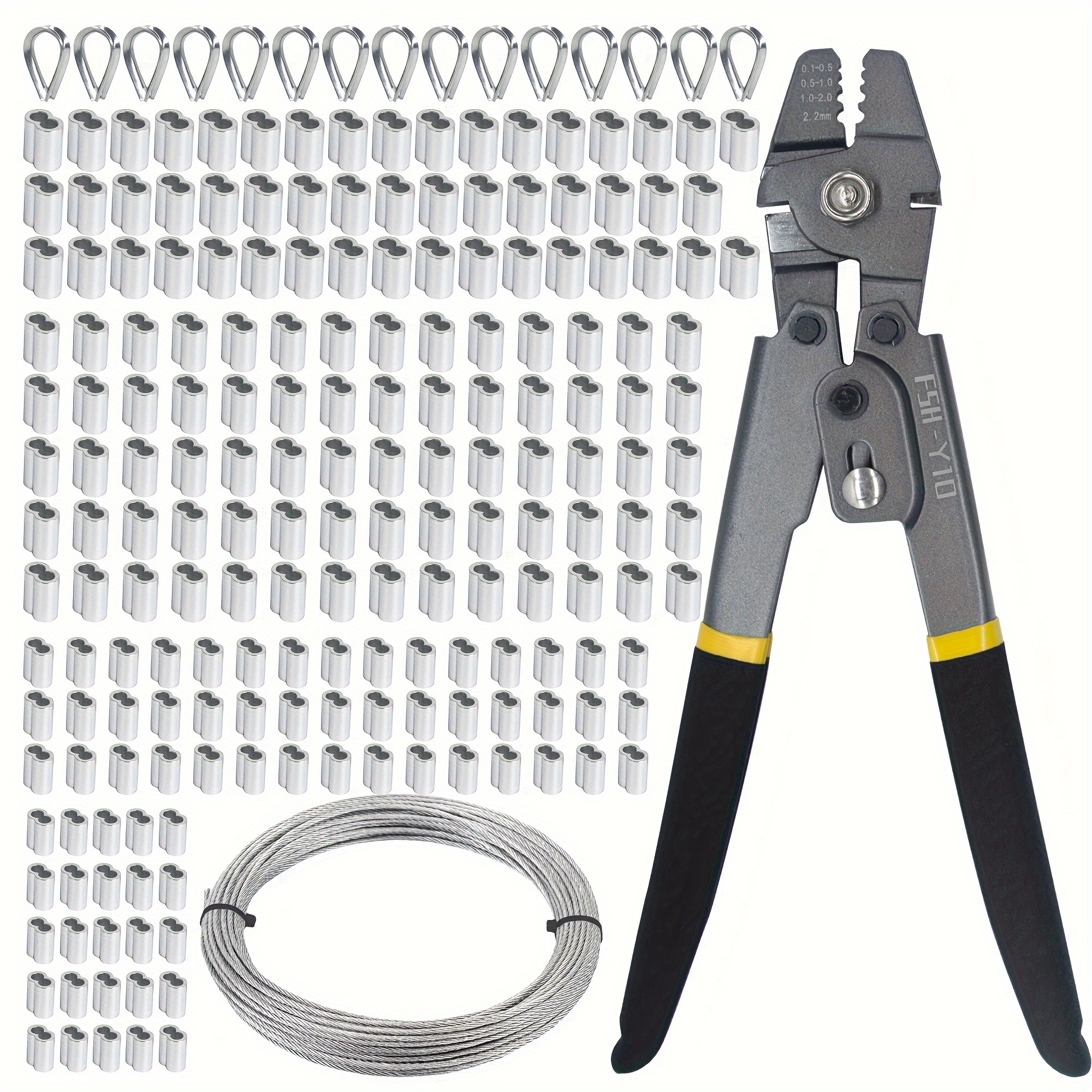 TEMU 207pcs Aimunok Wire Rope Crimping Swaging Tool Kit For Wire Cable Crimps 0.1-2.2mm With 190pcs 4 Sizes Aluminum Double Crimper Loop Sleeve And