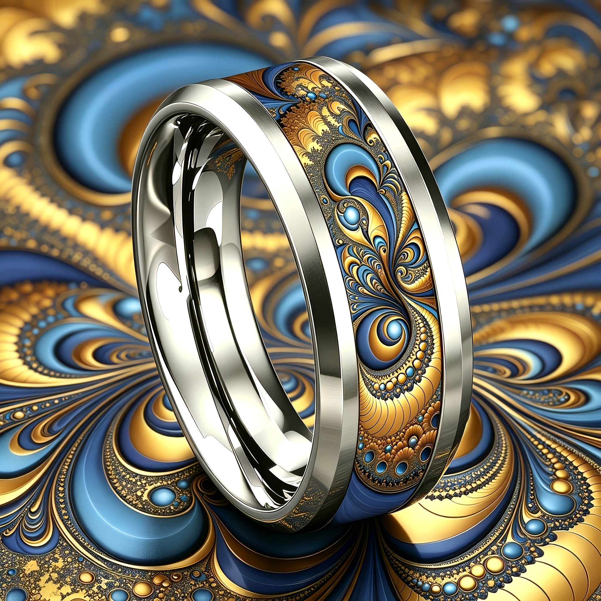 Blue Golden Fractal Vortex Stainless Steel Ring, 8mm Wide