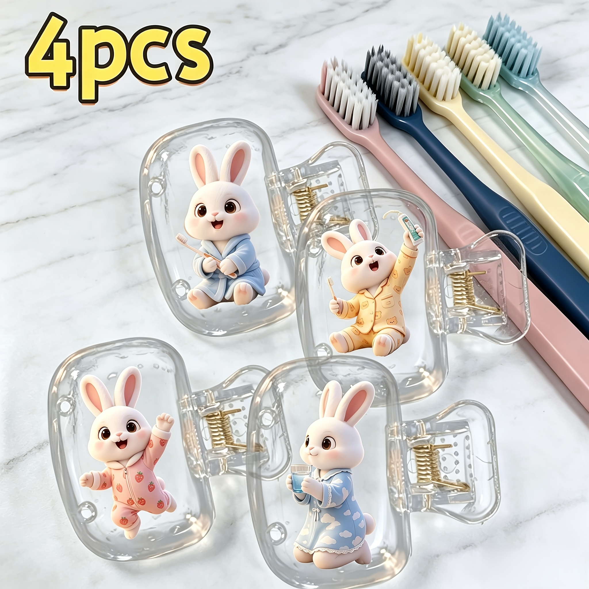 TEMU 4pcs Travel Toothbrush Head Covers - Cute Rabbit Design, Protective Plastic Clips For Home And Travel Use, Portable Brush Case For Bathroom,