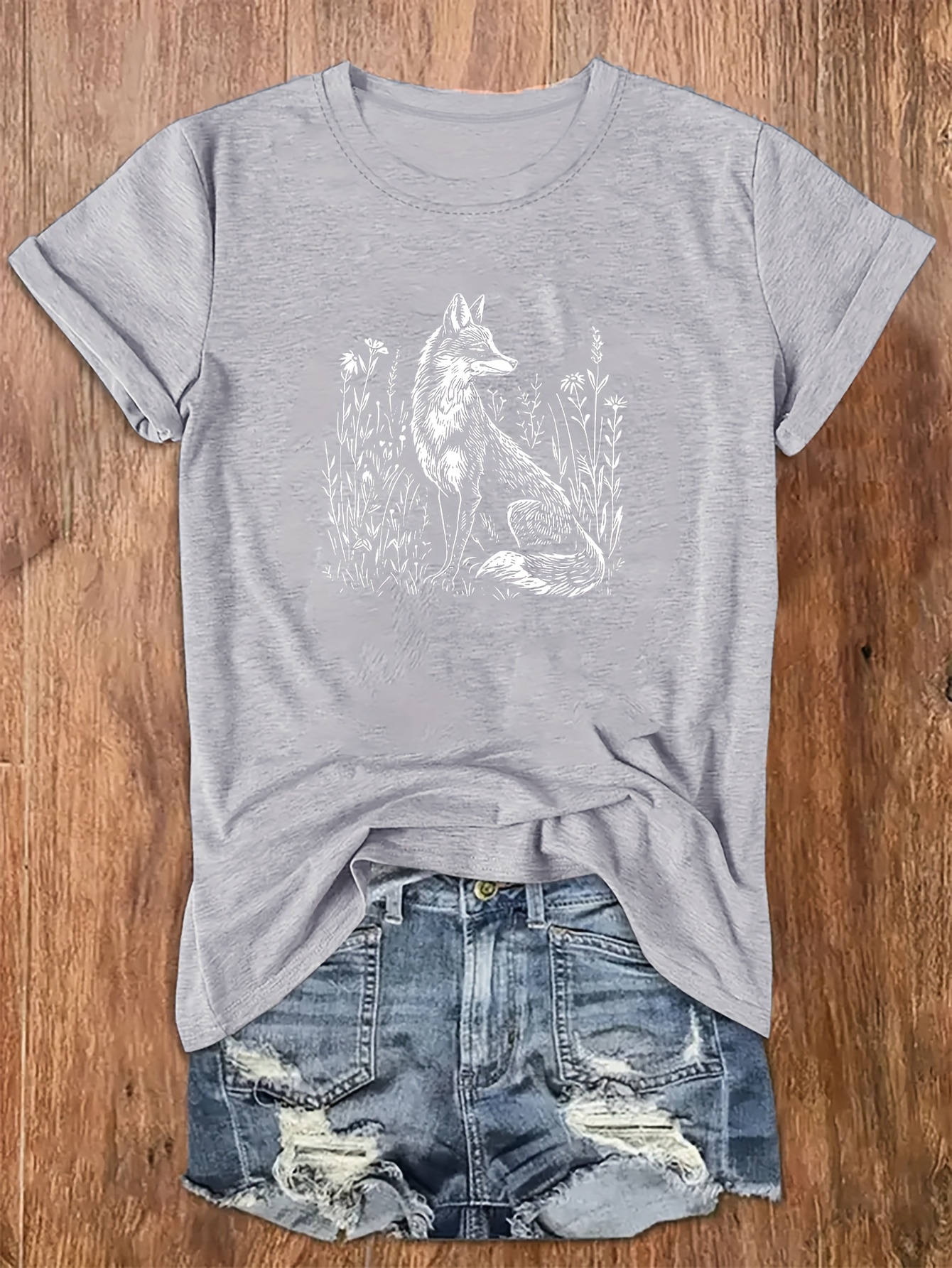 T-shirt Fox Femme – Gris – Taille L – Manches Courtes – Coton – Casual