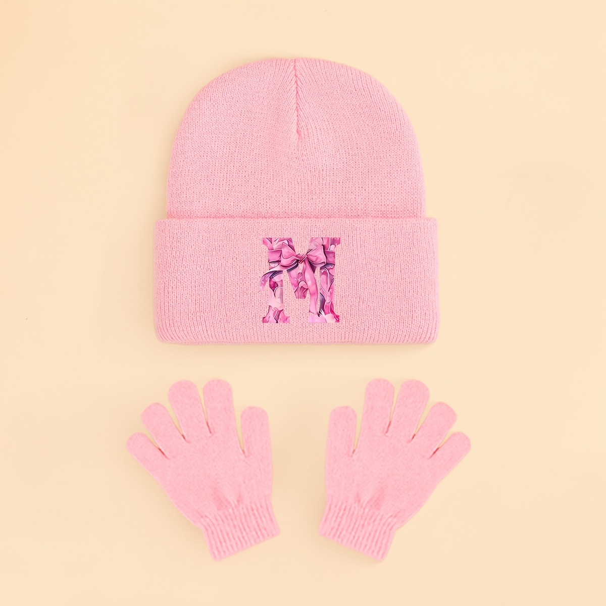 Image of 2pcs ' Knitted Hat & Gloves Set With Bow & Alphabet, Optional, Fashionable & Gorgeous, Cute & -proof Accessories For Girls In Fall & Winter, Suitable For Daily Matching & Gifting