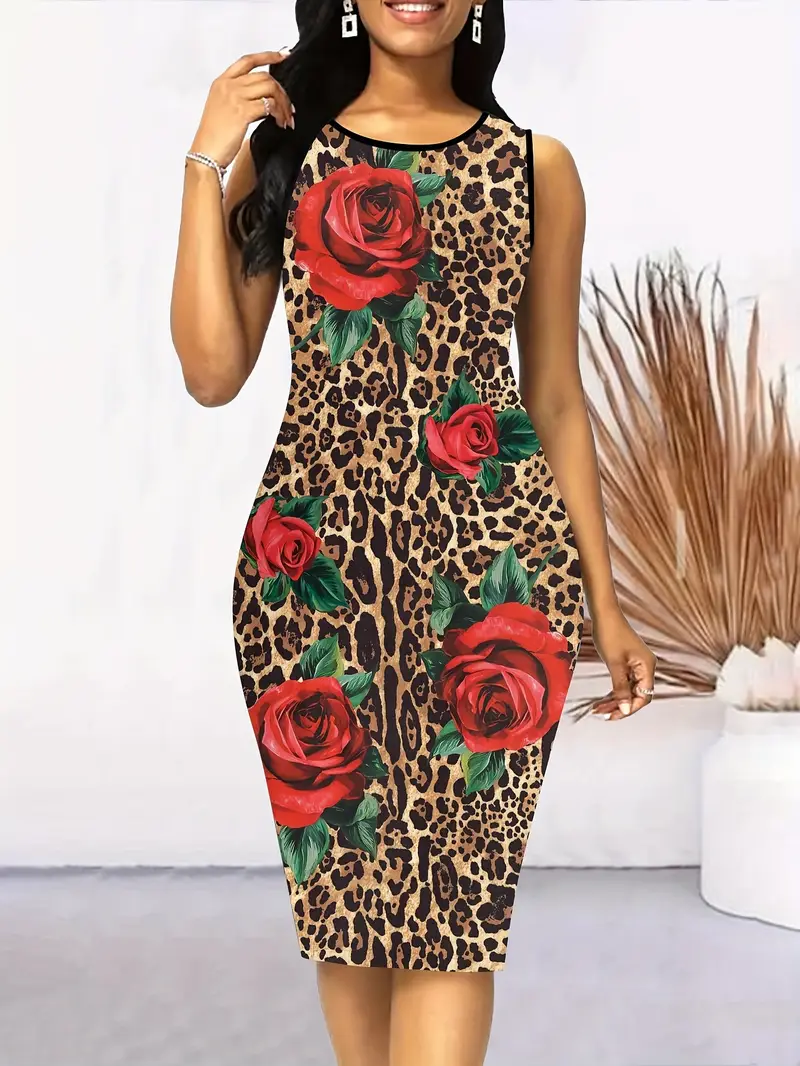 floral neck dress casual sleeveless bodycon tank dress for womens clothing details 2