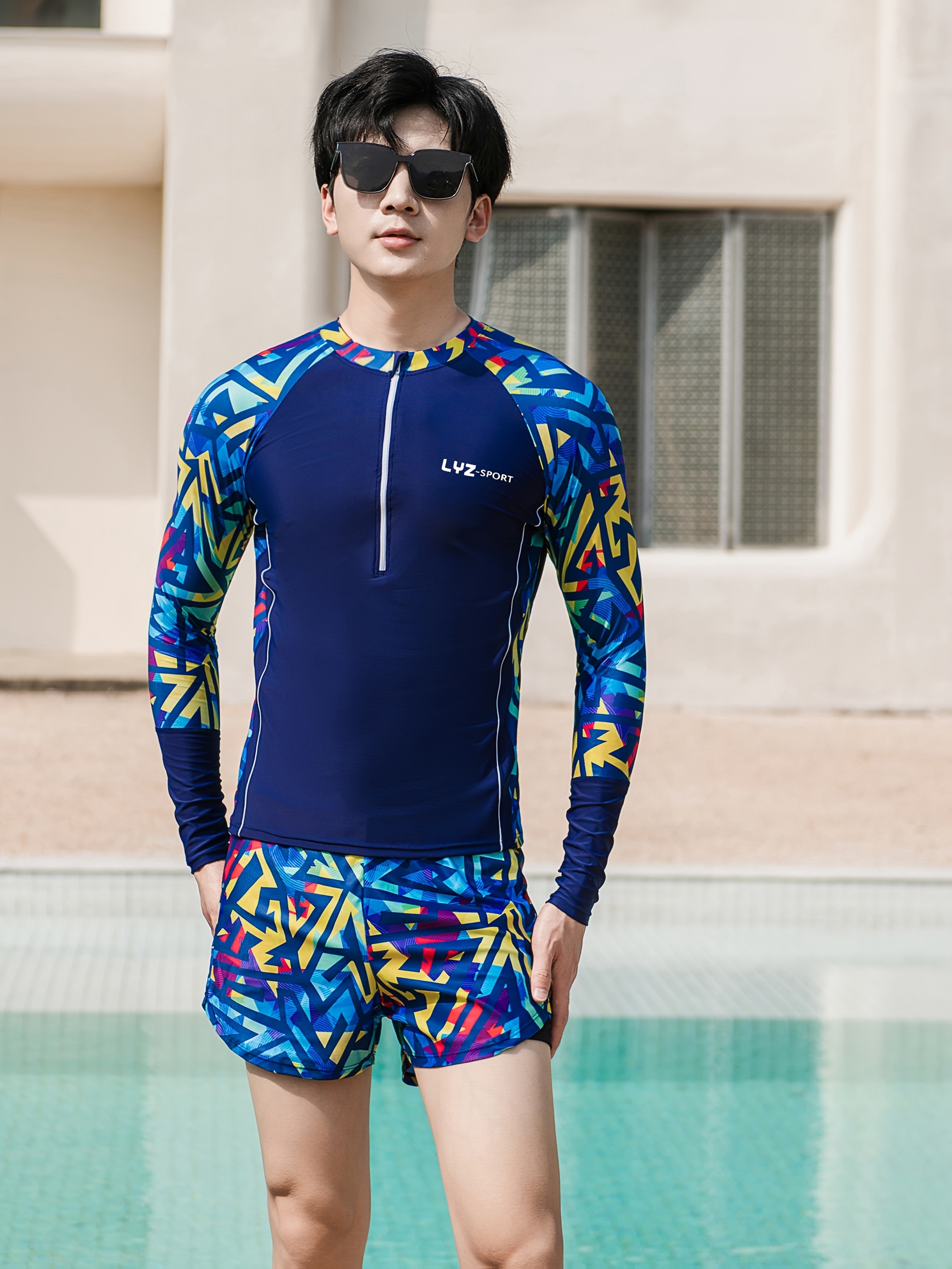 conjunto piezas traje baño hombre estampado geométrico Temu