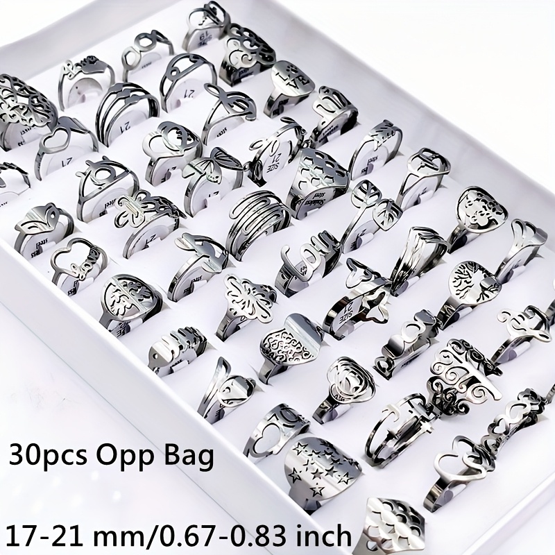 TEMU Wholesale 30pcs/ Bag Women's Jewelry Set Men And Women Hollow Out Ring Big And Small Silvery And Golden Stainless Steel Size 17mm-21mm Animal