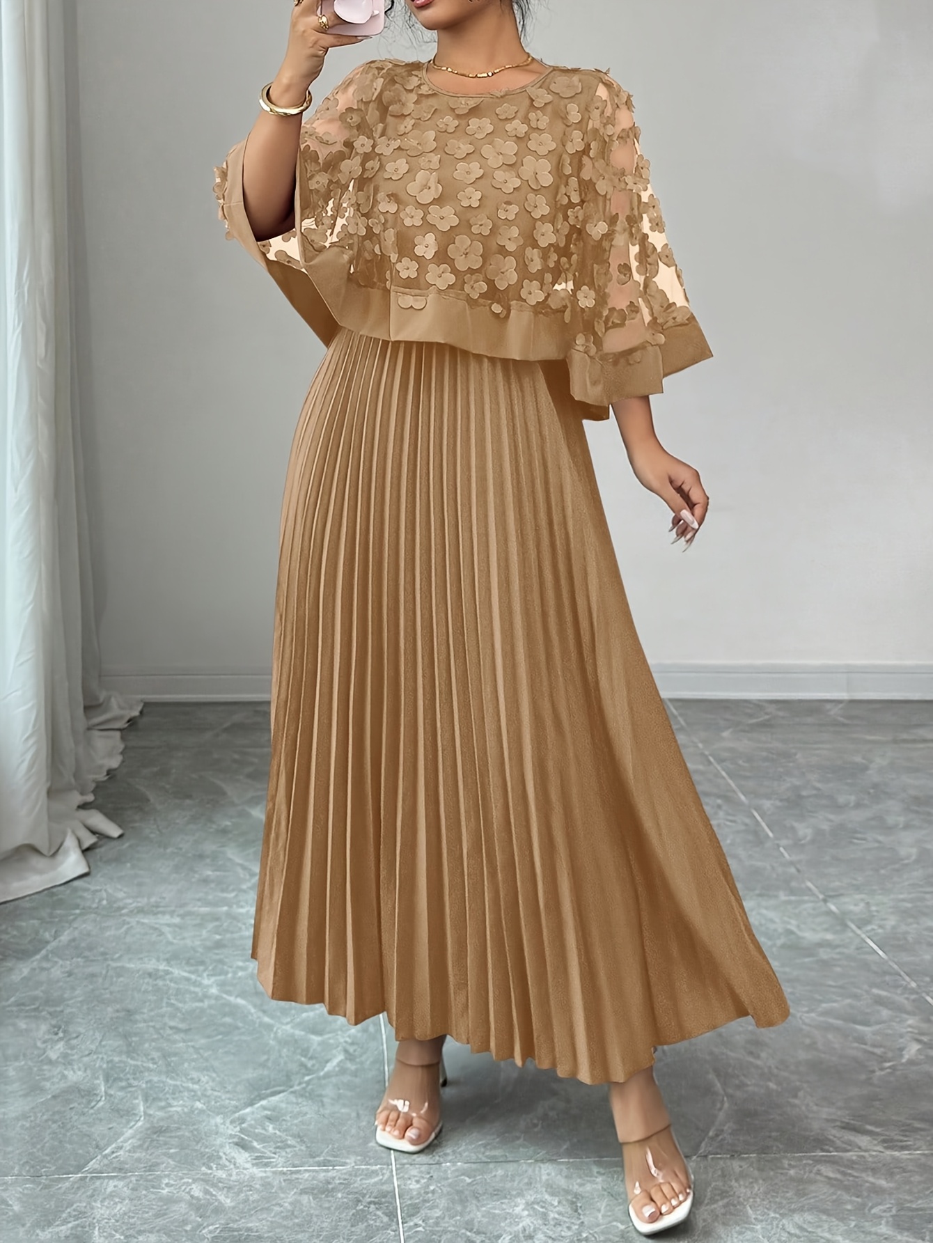 womens elegant 3d floral appliqu dress round neck short - Temu Saudi Arabia