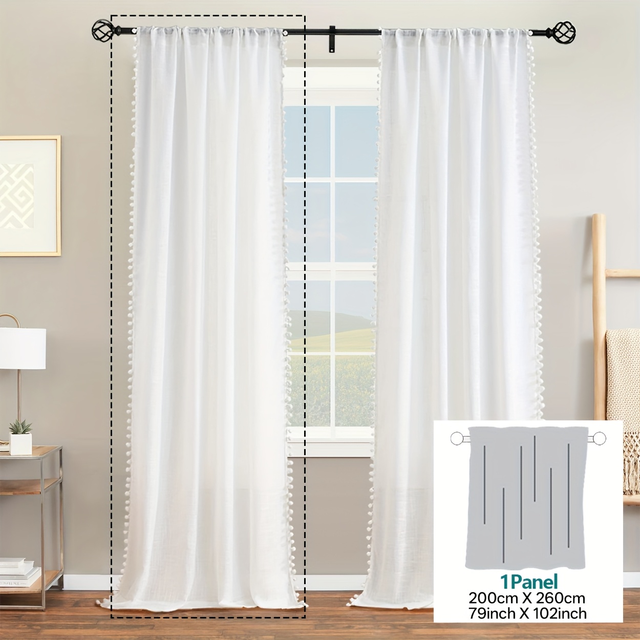 TEMU 1 Panel Cortina Translúcida con Bohemio de Cuentas Blancas, y Minimalista, Color Sólido Semi-Opaca con Bolsillo para Barra, Ideal para Sala,