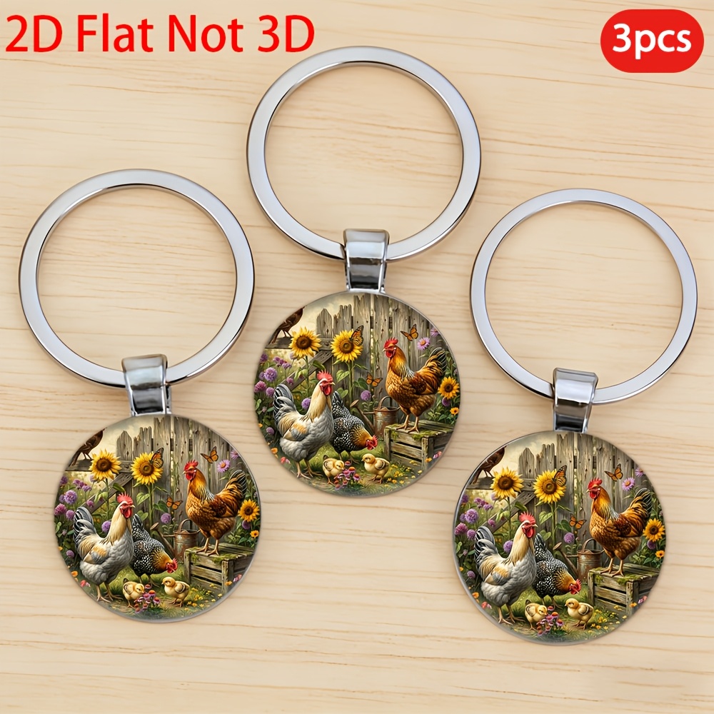 TEMU Plat 2D, 3pcs Porte-clés, Scène de poulets et canards en quête de nourriture, Porte-clés à thème, utilisé pour , Décoration intérieure de