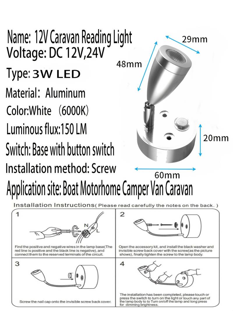 2x 12V LED Spot Reading Lights For Camper Van, Caravan, Boat, Motorhome – Interior