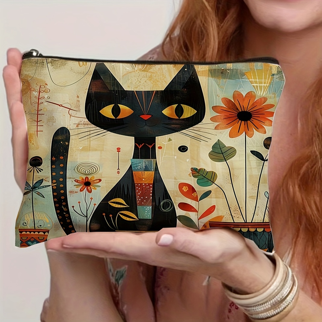 

Canvas Toiletry Bag For Women, Casual Style Multifunctional Organizer, Foldable And Lightweight Cosmetic Pouch With Zipper, Ideal For Travel, Stationery, Gifts - Wet Wipe Clean, Whimsical Cat Design