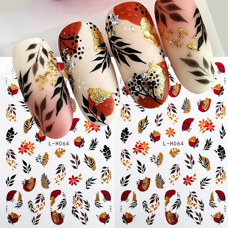 TEMU 2pcs Autumn Fall Leaf Nail Stickers Red Orange Floral Nail Decals Golden Glitter Abstract Red Irregular Shape Black Leaves Nail Art Stickers