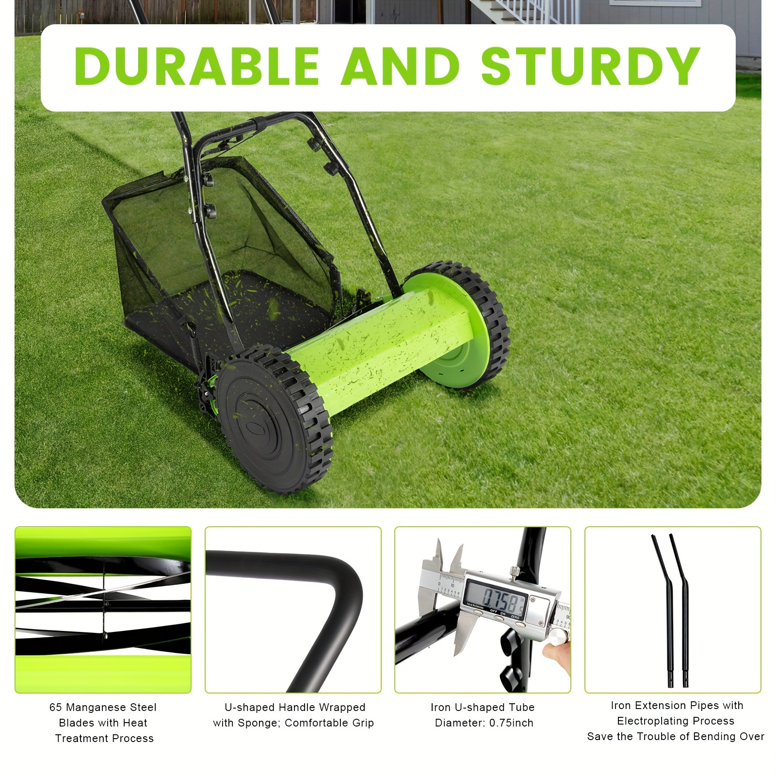 

Adjustable Height Lawn Mower Manual Reel Push Walk Behind Dual Wheeled 5-blade