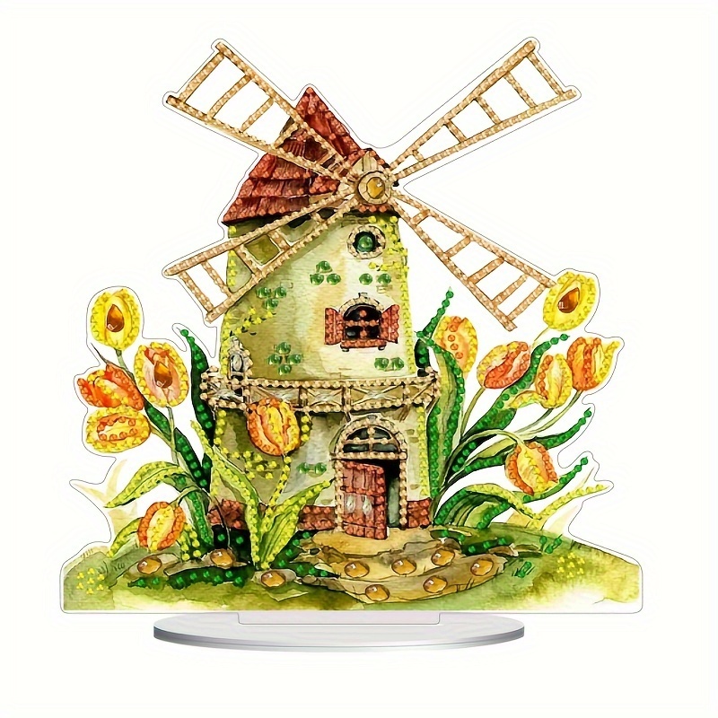 

5d Diamond Painting Kit - Windmill House With Flowers, Irregular Shaped Acrylic Diamonds, Diy Mosaic Art Craft, Tabletop Decor For Bedroom And Dining Room, Creative Gift Box Set