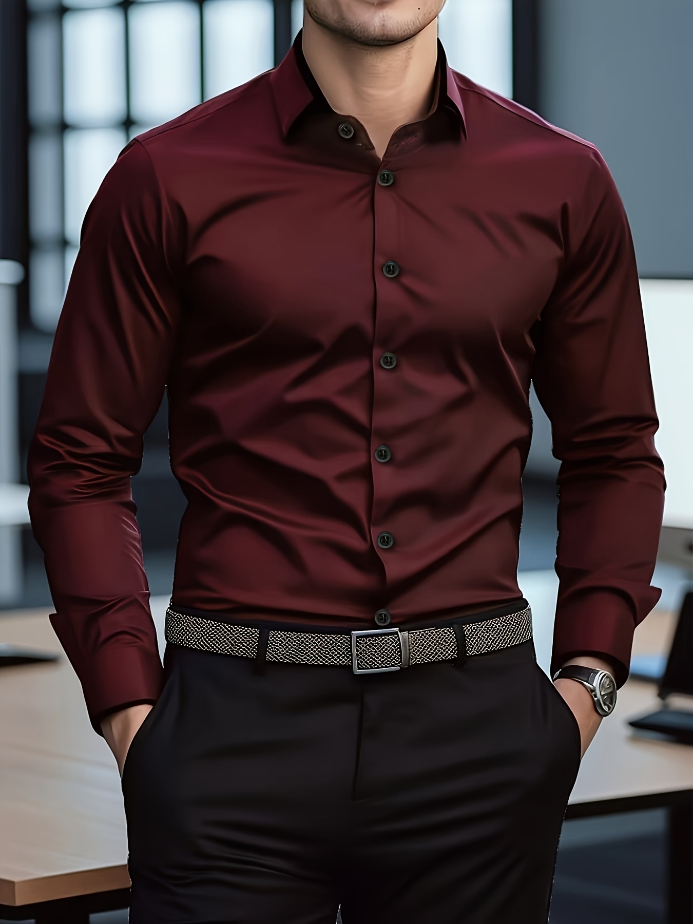 Camisa de Manga Larga para Hombre, Estilo Casual Minimalista y Sólido - Imagen 2