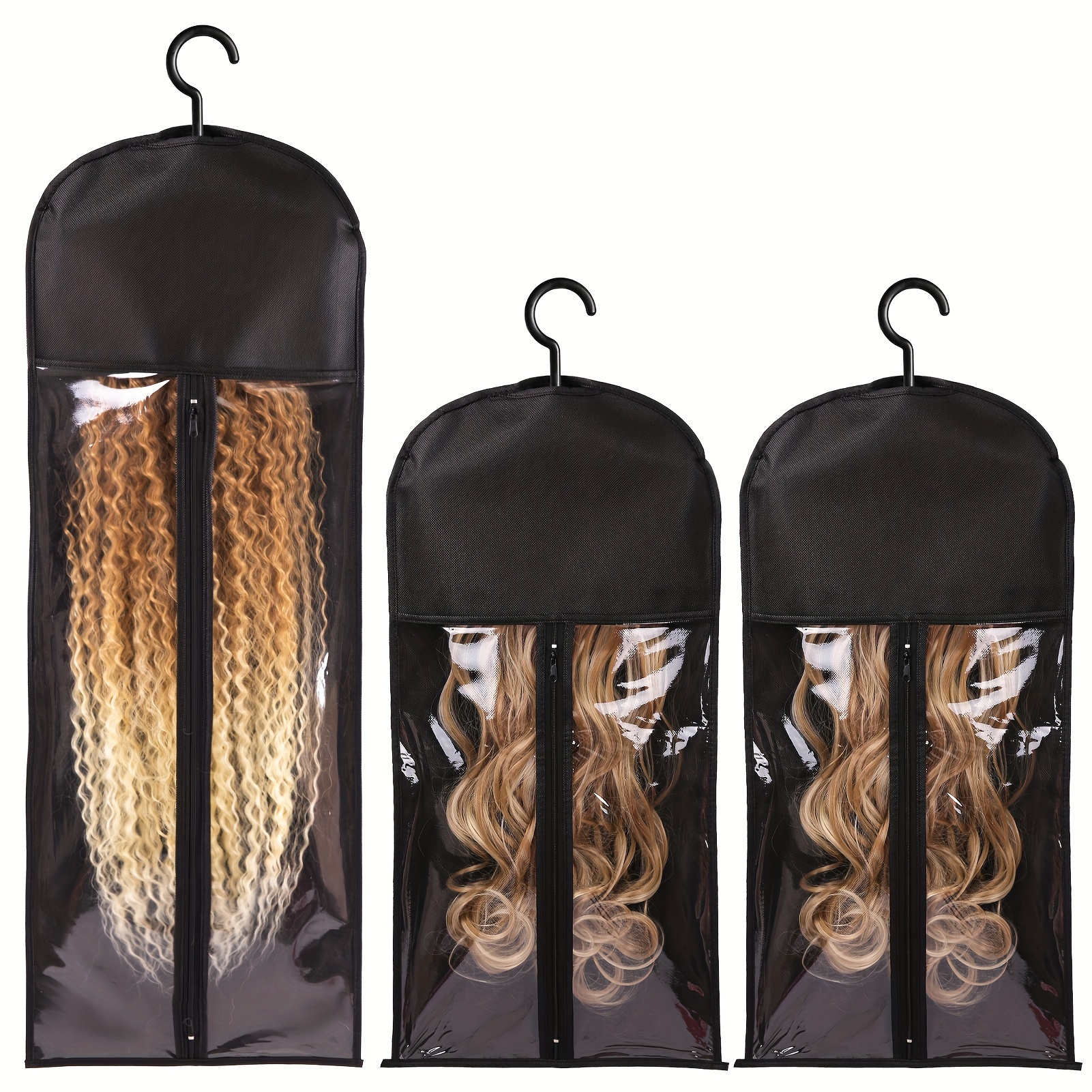 Image of 3 Sets Portable Wig Bag With Hanger Wig Storage Bags Pack Holder For Hair Weft Clip In Hair Extension 1 Set 80cm + 2 Sets 60cm Wig Storage Bag