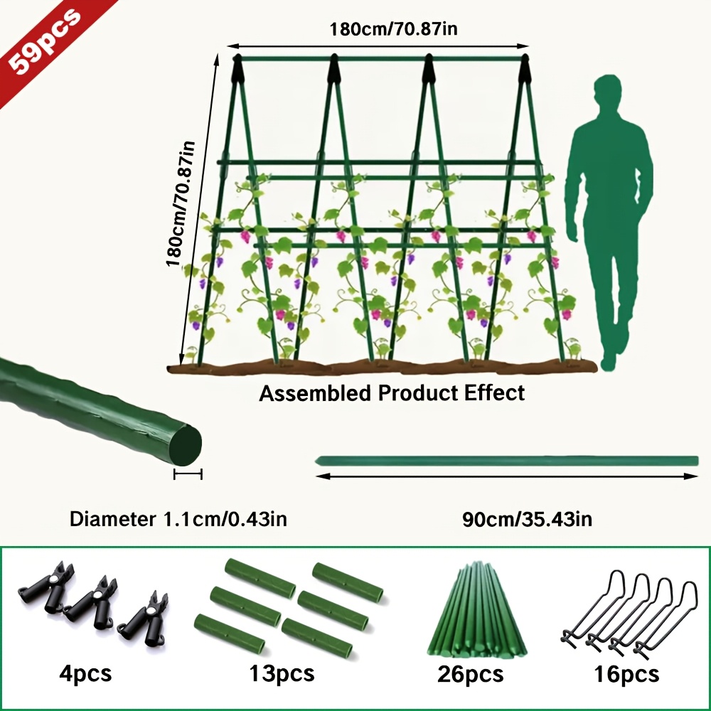 Image of 59pcs Metal Support Kit For Garden Plants, Measuring 70.87 Inches With A Durable 11mm Diameter Rust-resistant Core, Ideal For Supporting Tomatoes, , Grapes, And Vines. Easy To Assemble