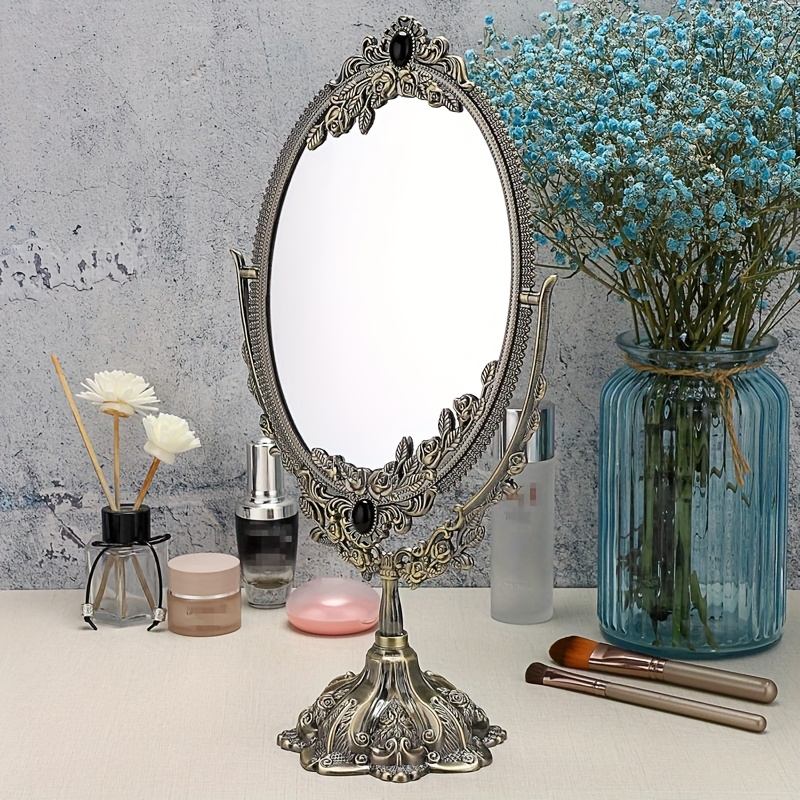 Image of Metal Tabletop Decorative Makeup Mirror With Stand, Vintage Swivel Double Sided Cosmetic Mirror With Frame, Retro Desktop Oval Dressing Mirror For Bathroom Bedroom