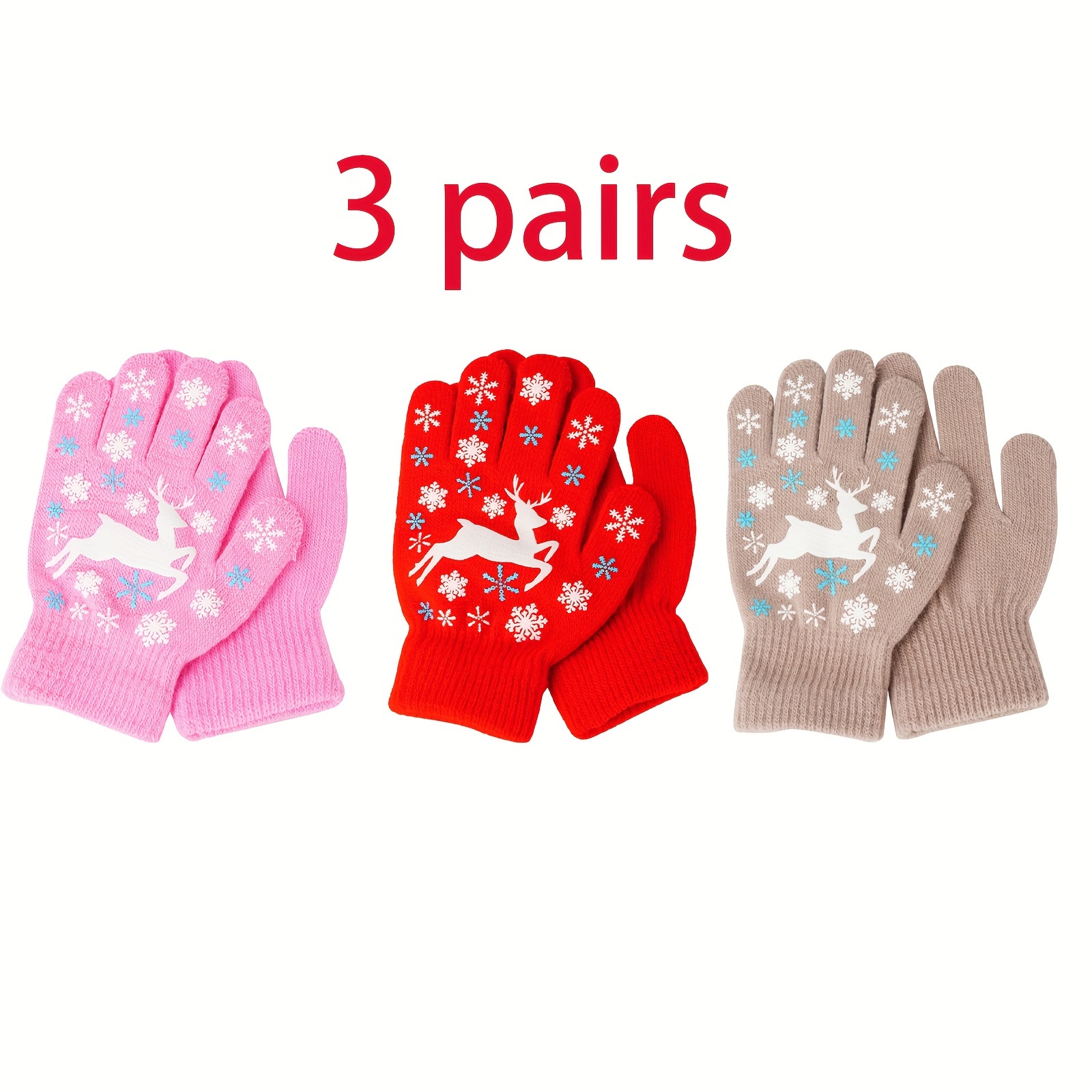 Image of 3 Pairs Of 's Elk Gloves For Autumn And Winter, Cute , Plush Colored Gloves With Fingers, Suitable For 2-8